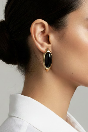 Gold Siyah Tasli Oval Küpe