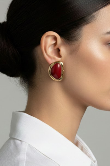 Gold Kirmizi Tasli Oval Küpe