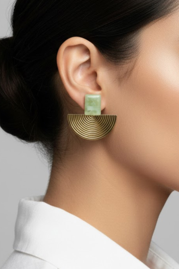 Gold Yesil Tasli Geometrik Küpe