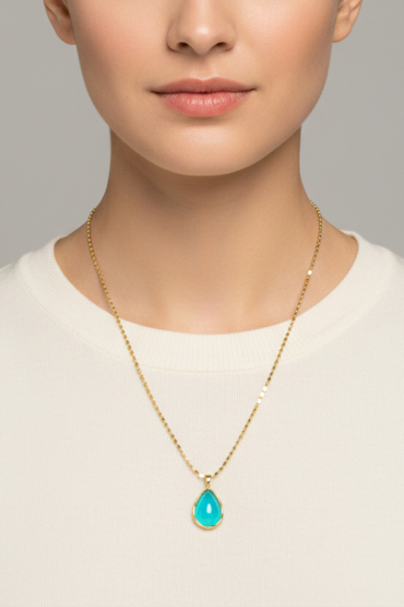 Gold Turkuaz Tas Damla Uçlu Kolye