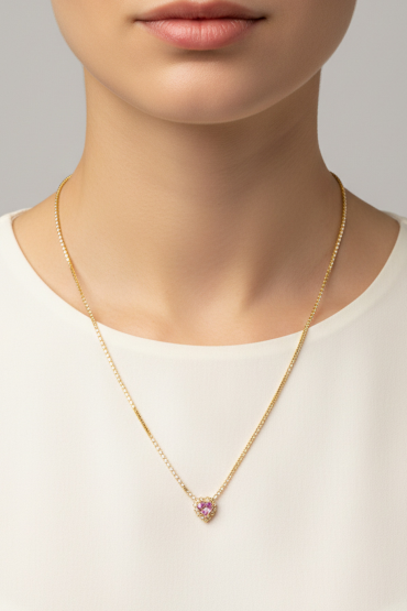 Gold Renkli Tasli Kalp Uçlu Kolye