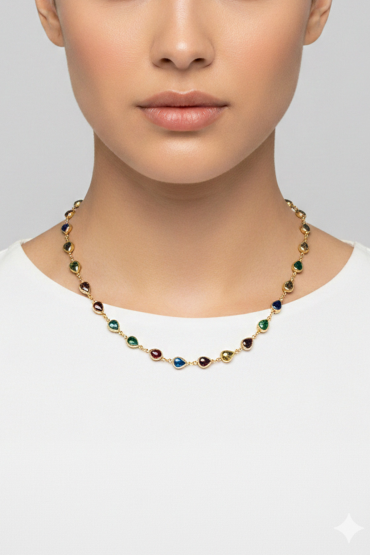 Renkli Tas Detayli Gold Zincir Kolye