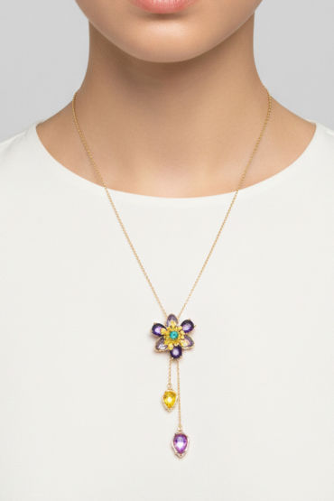 Gold Zirkon Tasli Çiçek Uçlu Kolye