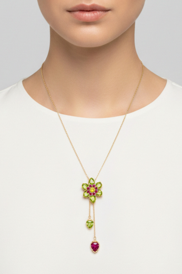 Gold Zirkon Tasli Çiçek Uçlu Kolye