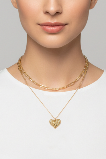 Zirkon Tasli Kalp Katmanli Zincir Kolye
