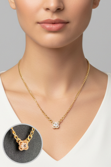 Kare Zirkon Tas Detayli Gold Kolye