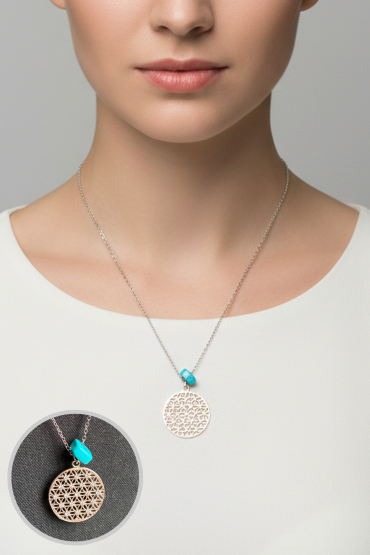 Turkuaz Tas Detayli Yuvarlak Motif Gümüs Kolye