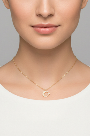 Zirkon Tasli Ay Yildiz Gold Kolye
