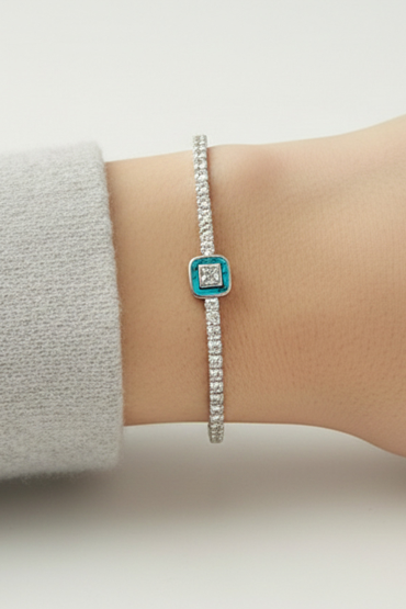 Turkuaz Tas Detayli Ince Gümüs Bileklik