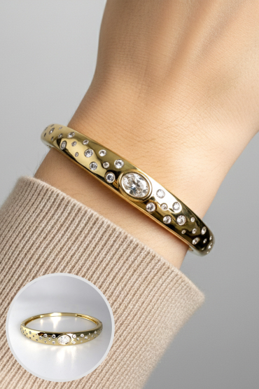 Zirkon Tas Detayli Gold Kelepçe